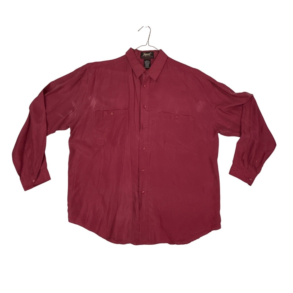 Vintage 80s Impact Mens‎ 100% Silk Long Sleeve Button Down Shirt Burgundy Red, L
